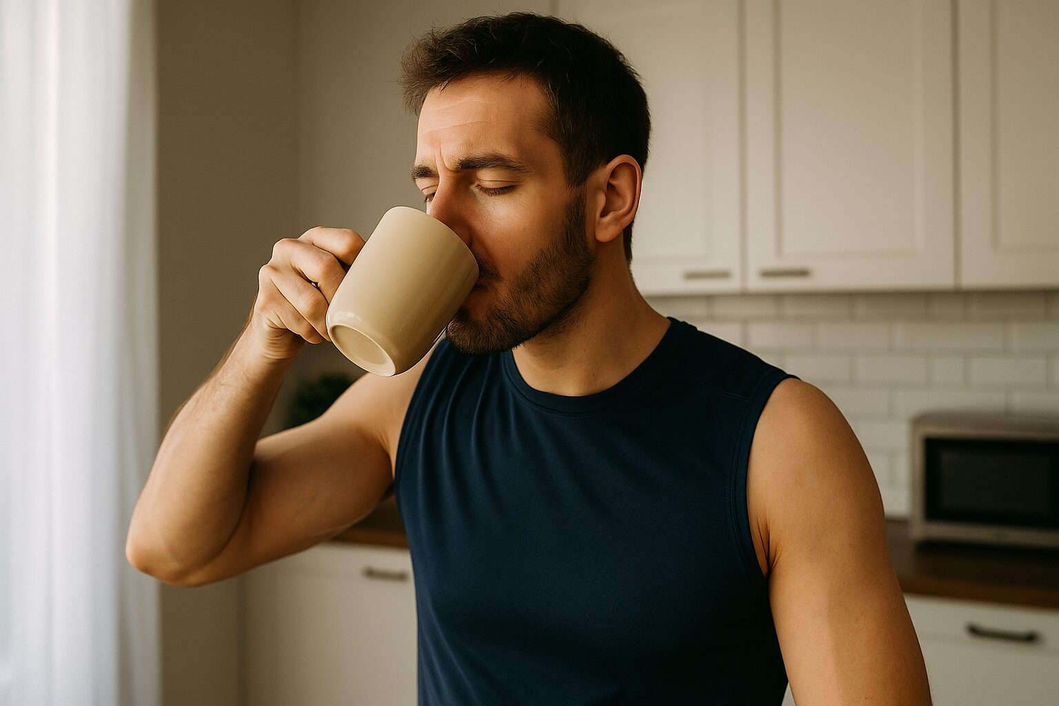 起床後、ホットプロテインを飲む男性