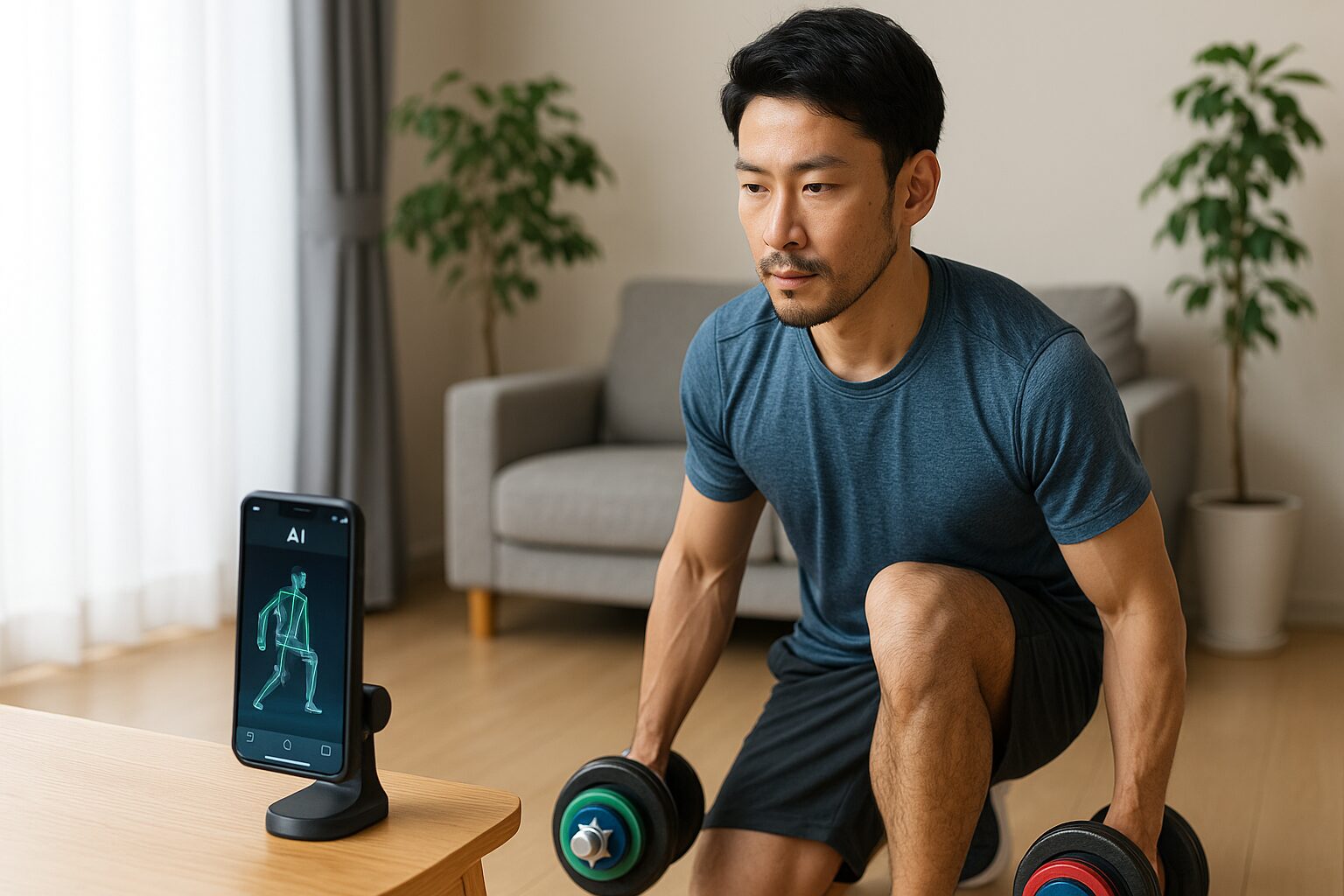 「アプリ・ウェアラブル型AI」を使った筋トレをしている男性の画像