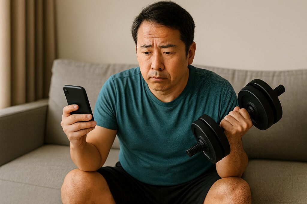 中年男性（30〜40代）がソファに座り、右手にはスマホとポテチ、左手にはダンベル