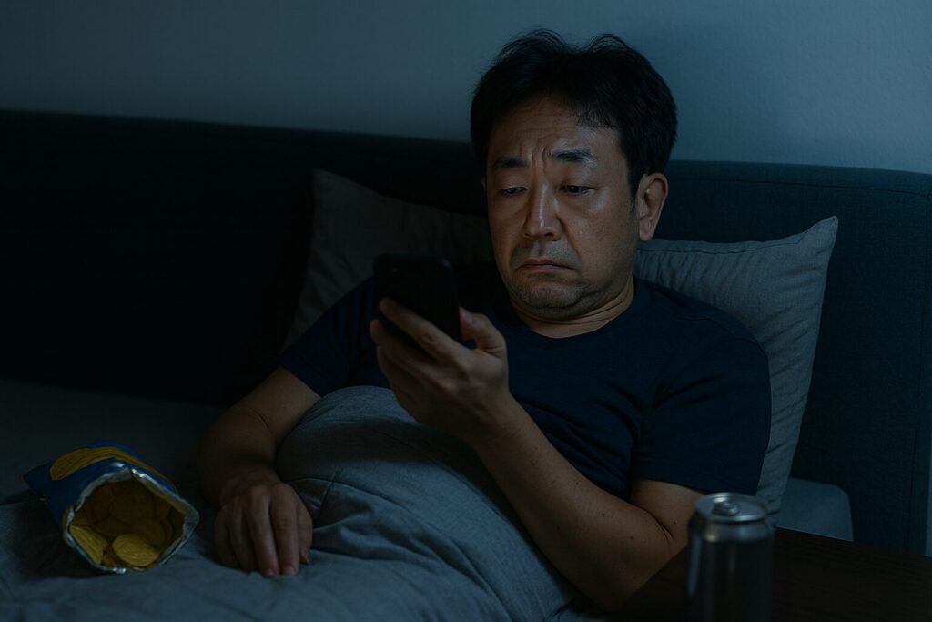 薄暗い部屋でベッドに横になり、スマホを見つめる中年男性