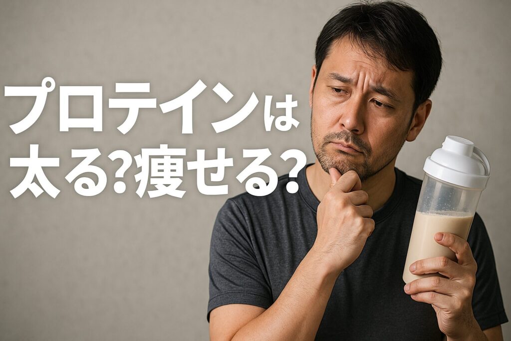 プロテインシェイカーを持った中年男性が太るのか？痩せるのか？と悩んでいる画像