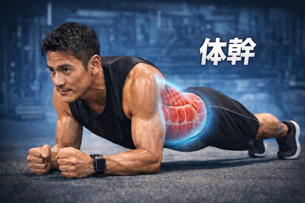 体幹トレーニングでプランクをしている男性の画像