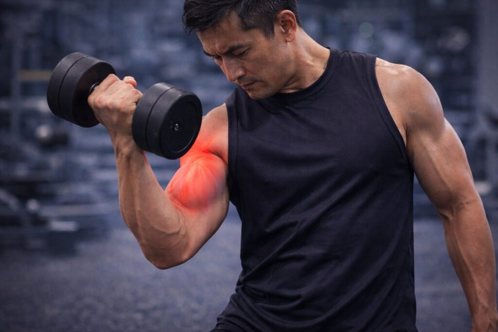 ダンベルで上腕二頭筋のトレーニングをしている男性の画像