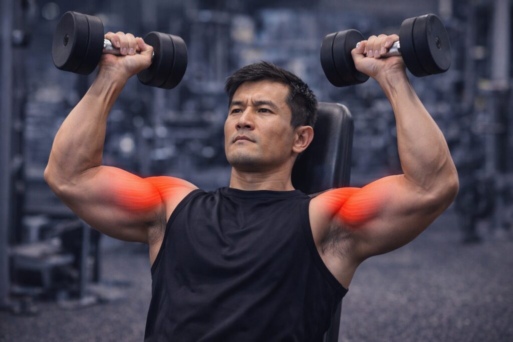 三角筋の前部（フロント）のトレーニングをしている男性の画像