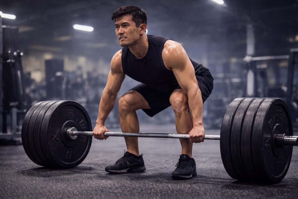 高重量でデッドリフトをしている男性の画像