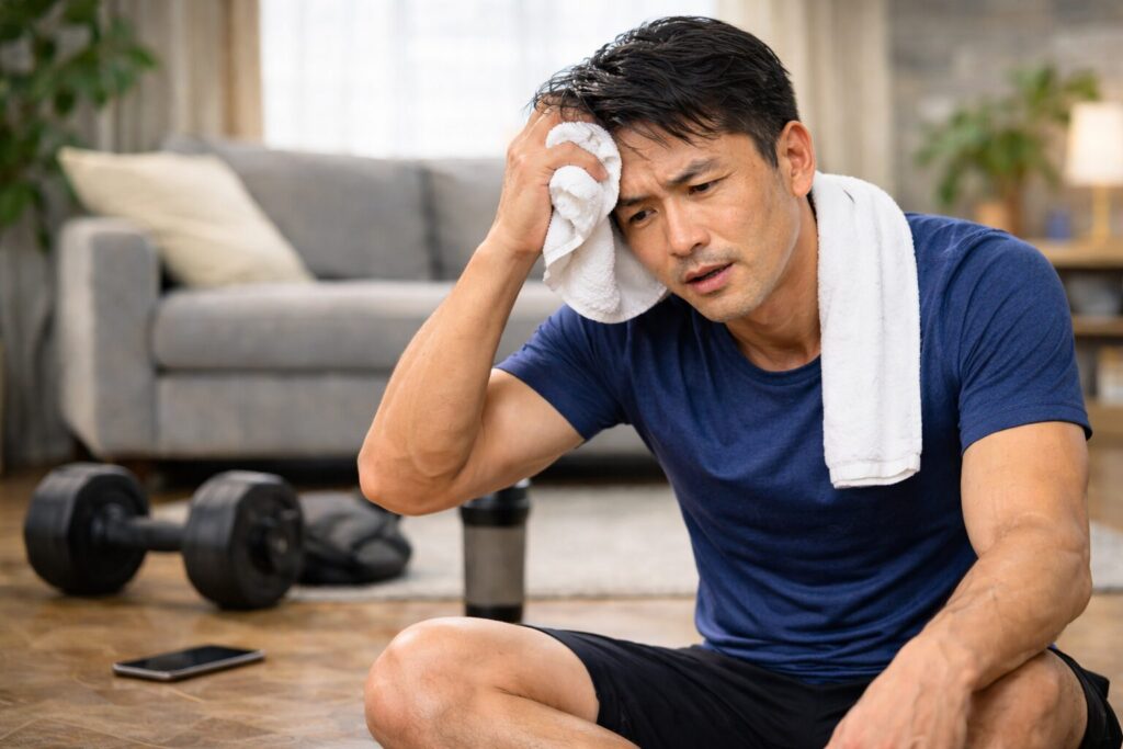 自宅で筋トレをして辛そうな表情の男性