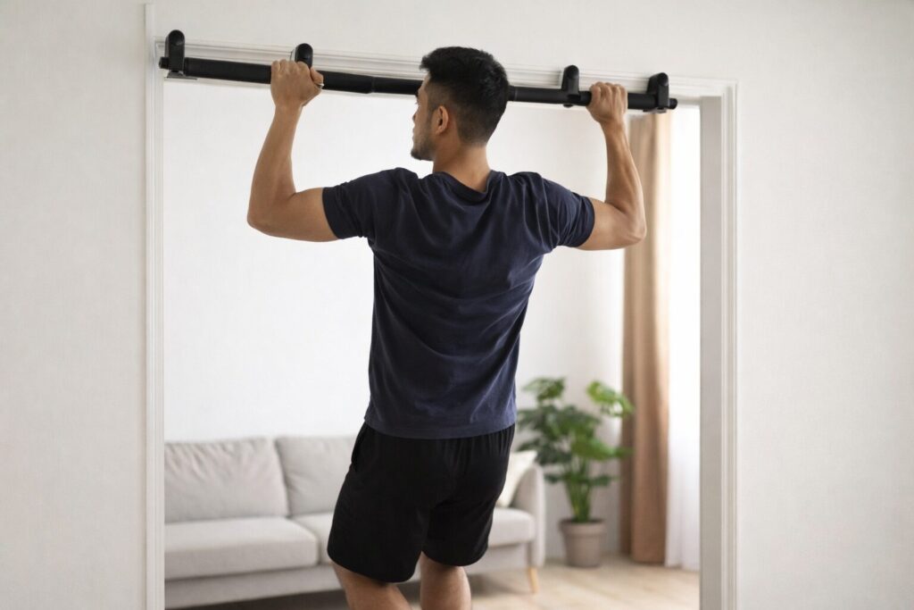 ドア枠を使った懸垂をしている男性